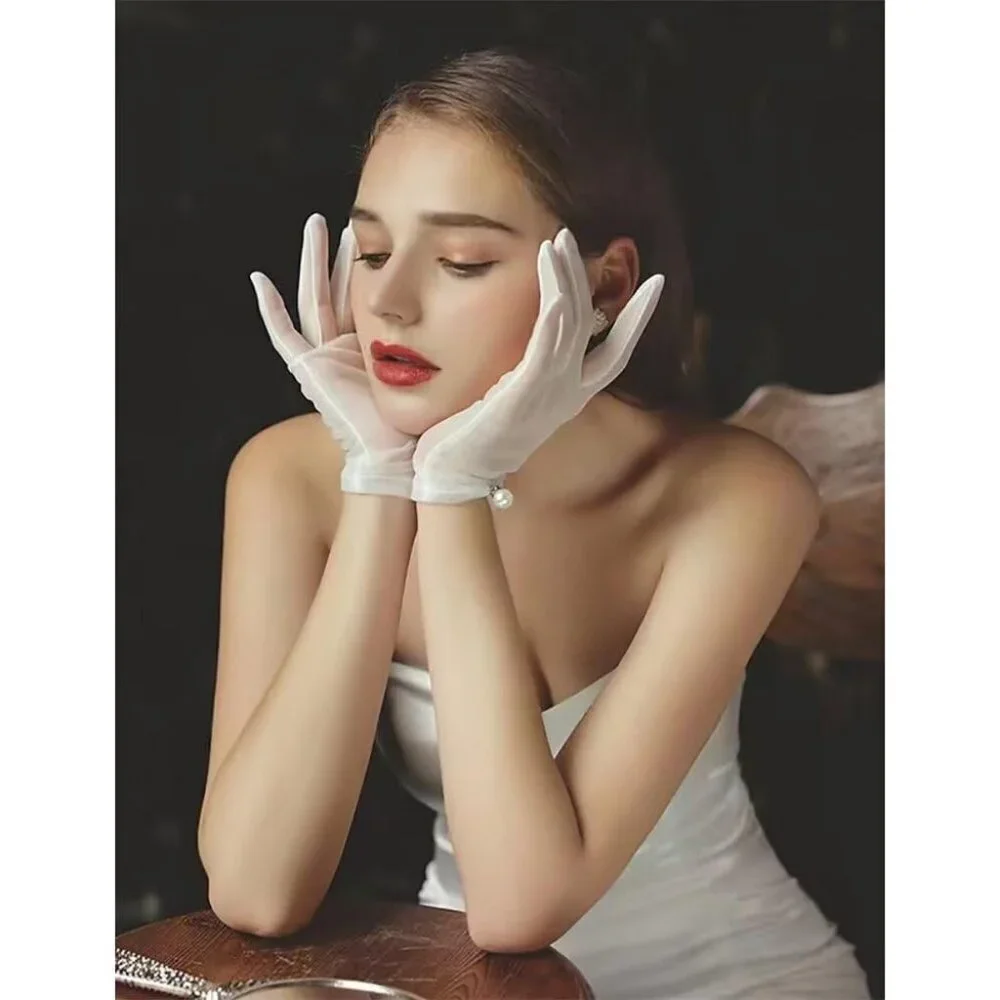 Women's Dusty Rose Evening Pearl Short Gloves Wedding Dance Party Accessories